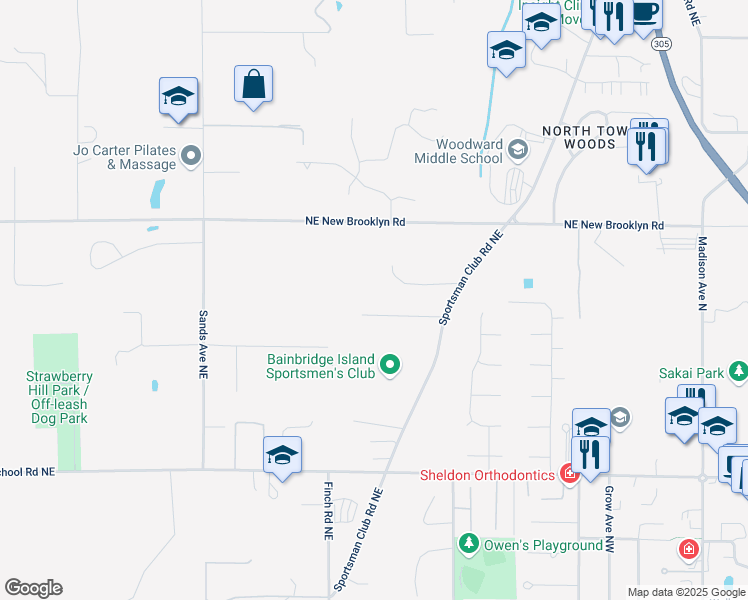 map of restaurants, bars, coffee shops, grocery stores, and more near 8745 Sportsman Club Road Northeast in Bainbridge Island