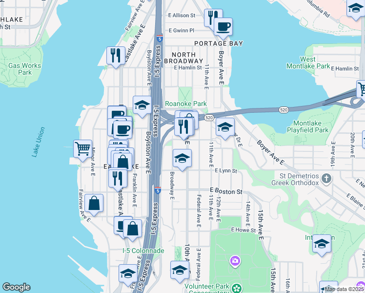 map of restaurants, bars, coffee shops, grocery stores, and more near 916 East Miller Street in Seattle