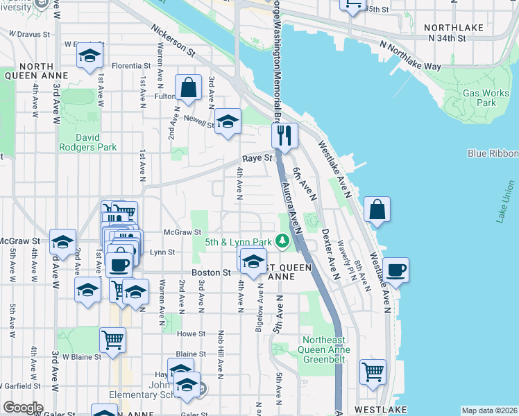 map of restaurants, bars, coffee shops, grocery stores, and more near 426 Wheeler Street in Seattle