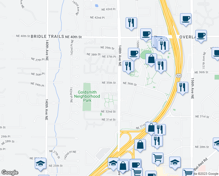 map of restaurants, bars, coffee shops, grocery stores, and more near 14637 Northeast 35th Street in Bellevue