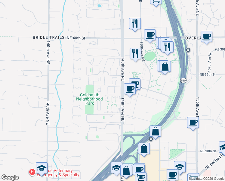 map of restaurants, bars, coffee shops, grocery stores, and more near 14629 Northeast 35th Street in Bellevue