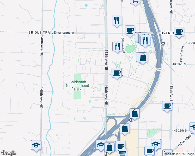 map of restaurants, bars, coffee shops, grocery stores, and more near 14637 Northeast 35th Street in Bellevue