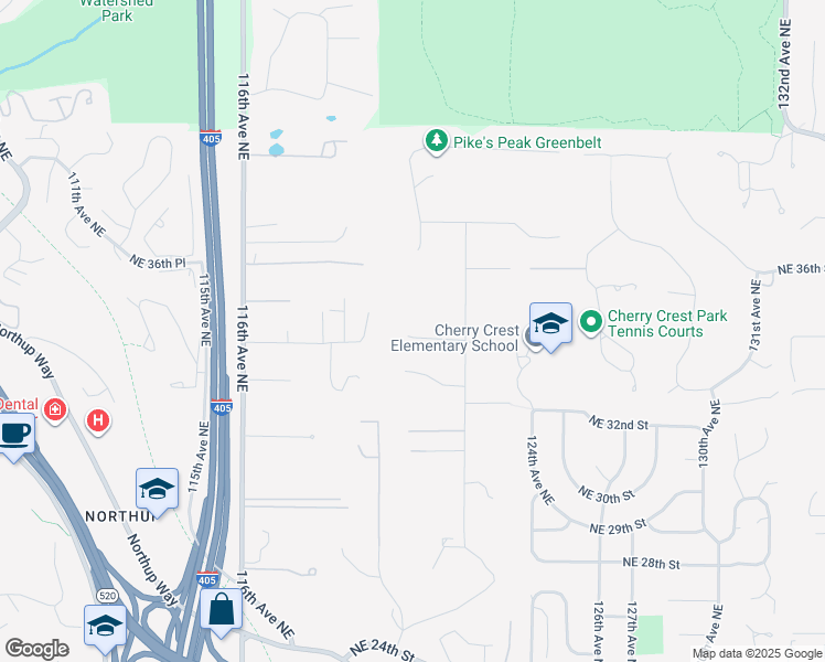 map of restaurants, bars, coffee shops, grocery stores, and more near 3435 122nd Place Northeast in Bellevue