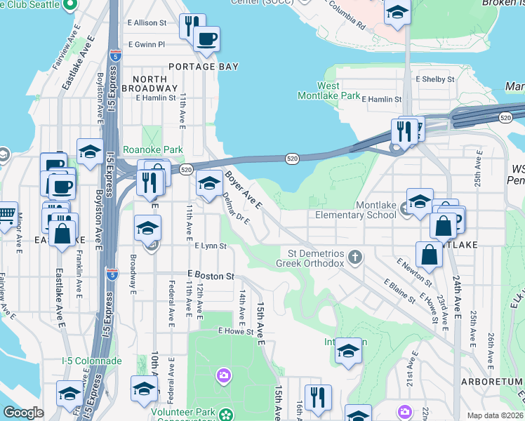 map of restaurants, bars, coffee shops, grocery stores, and more near 2400 Boyer Avenue East in Seattle