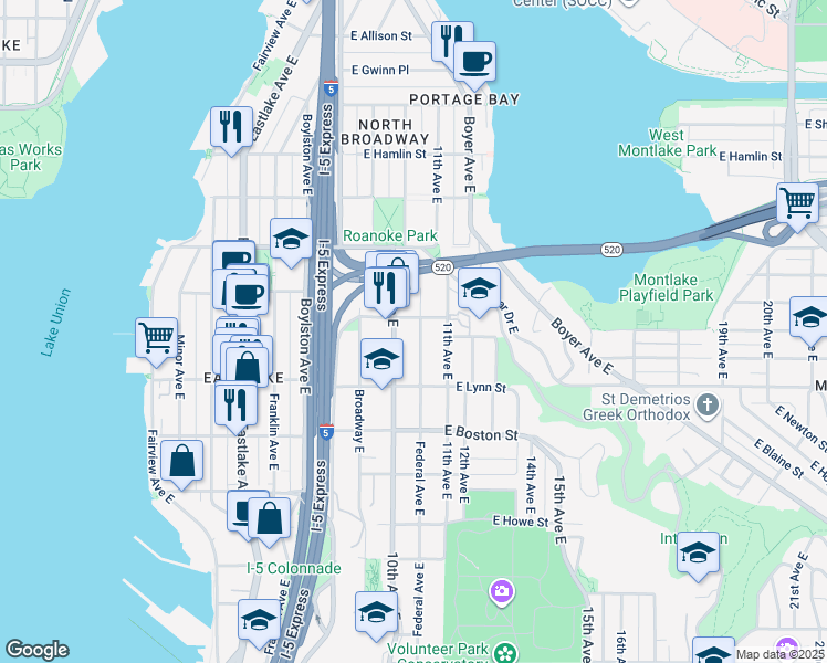 map of restaurants, bars, coffee shops, grocery stores, and more near 2402 Federal Avenue East in Seattle