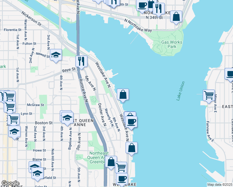map of restaurants, bars, coffee shops, grocery stores, and more near 2460 Westlake Avenue North in Seattle