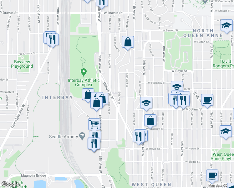 map of restaurants, bars, coffee shops, grocery stores, and more near 2516 14th Avenue West in Seattle