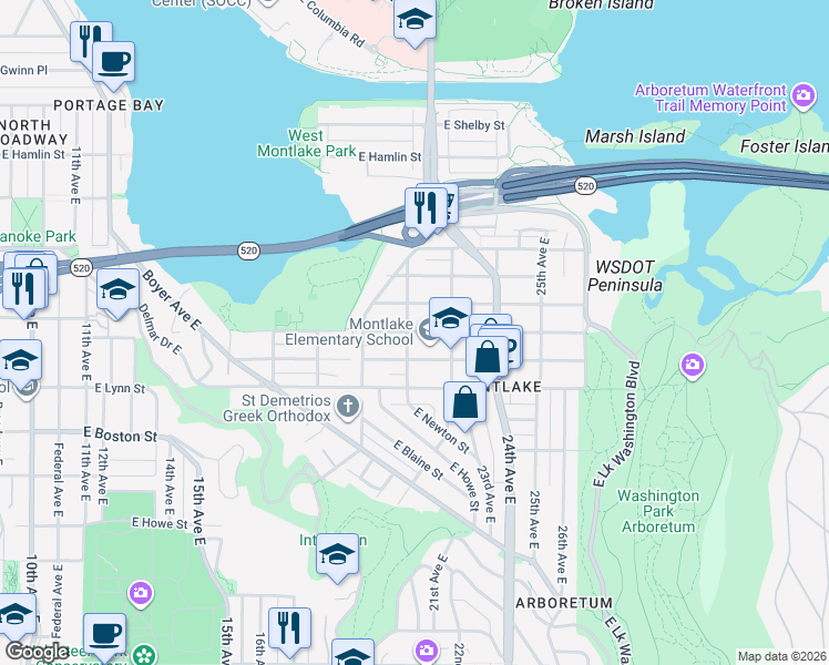 map of restaurants, bars, coffee shops, grocery stores, and more near East Calhoun Street in Seattle