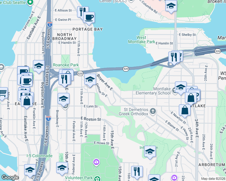 map of restaurants, bars, coffee shops, grocery stores, and more near 2400 Boyer Avenue East in Seattle