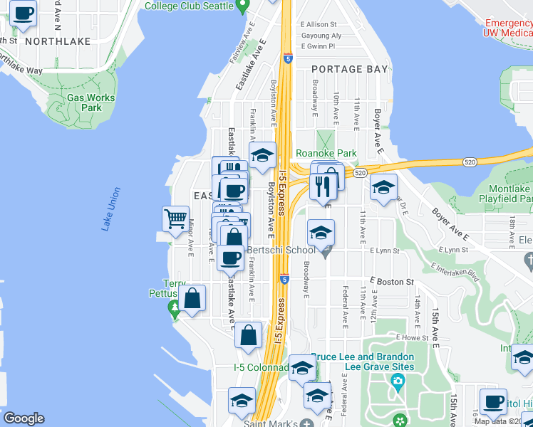 map of restaurants, bars, coffee shops, grocery stores, and more near 2345 Boylston Avenue East in Seattle