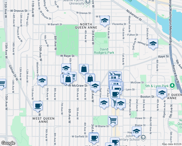 map of restaurants, bars, coffee shops, grocery stores, and more near in Seattle