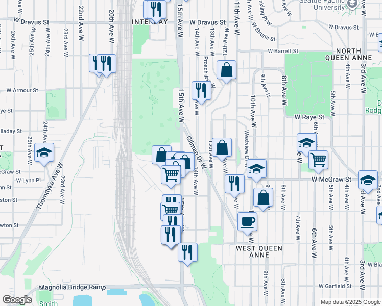 map of restaurants, bars, coffee shops, grocery stores, and more near 2515 14th Avenue West in Seattle