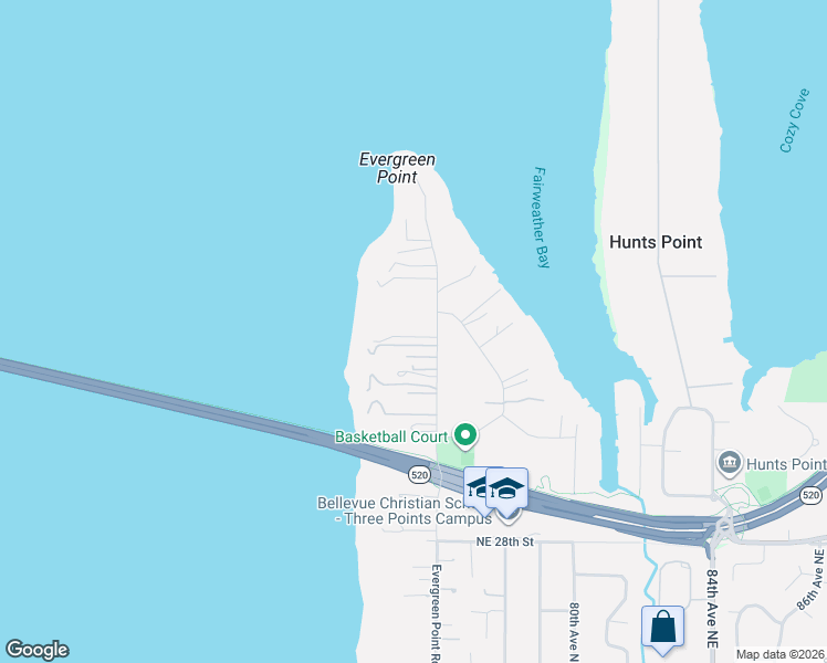 map of restaurants, bars, coffee shops, grocery stores, and more near 3327 Evergreen Point Road in Medina