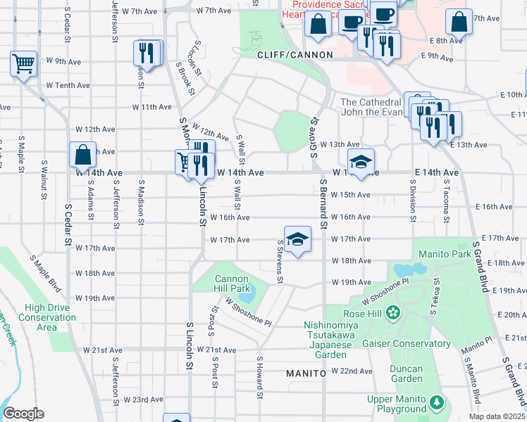map of restaurants, bars, coffee shops, grocery stores, and more near 520 West 16th Avenue in Spokane