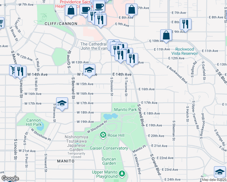 map of restaurants, bars, coffee shops, grocery stores, and more near 1521 South Division Street in Spokane