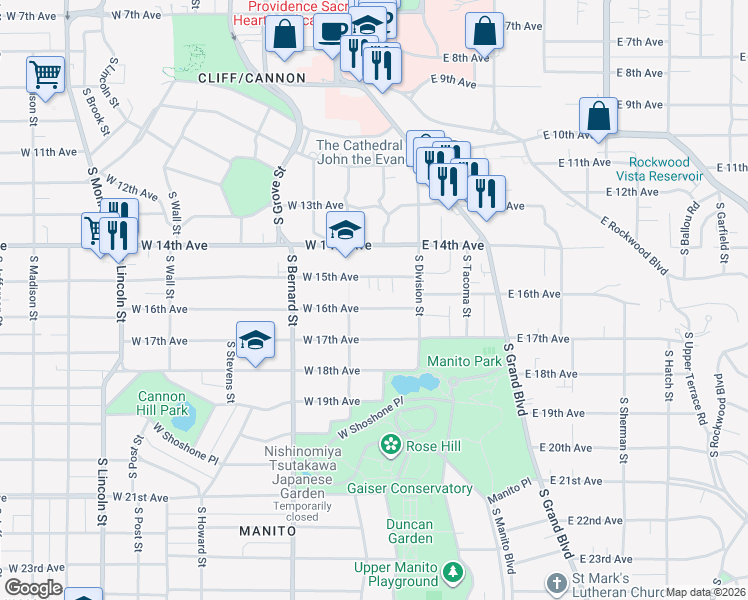 map of restaurants, bars, coffee shops, grocery stores, and more near 123 West 15th Avenue in Spokane