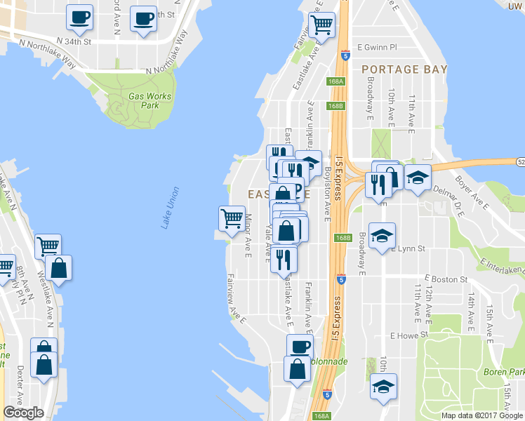 map of restaurants, bars, coffee shops, grocery stores, and more near 2356 Minor Avenue East in Seattle