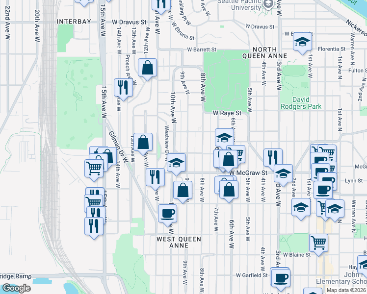 map of restaurants, bars, coffee shops, grocery stores, and more near 2524 10th Avenue West in Seattle