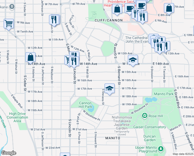 map of restaurants, bars, coffee shops, grocery stores, and more near 520 West 16th Avenue in Spokane