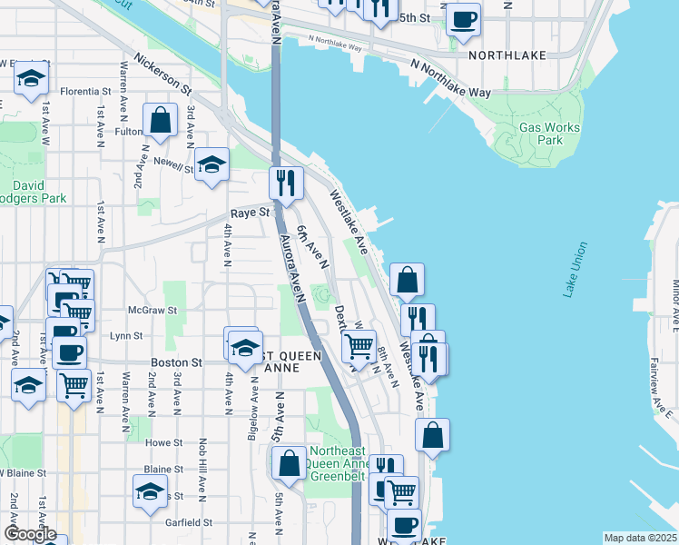 map of restaurants, bars, coffee shops, grocery stores, and more near 2462 Dexter Avenue North in Seattle