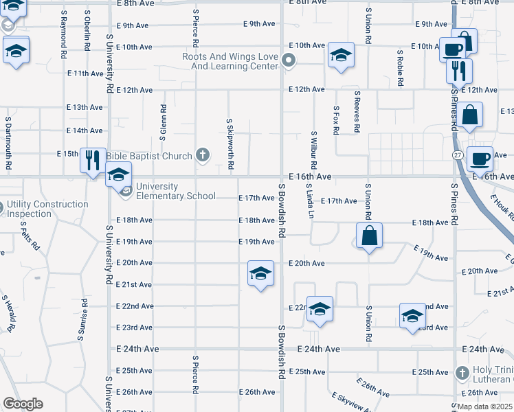 map of restaurants, bars, coffee shops, grocery stores, and more near 11406 East 17th Avenue in Spokane Valley