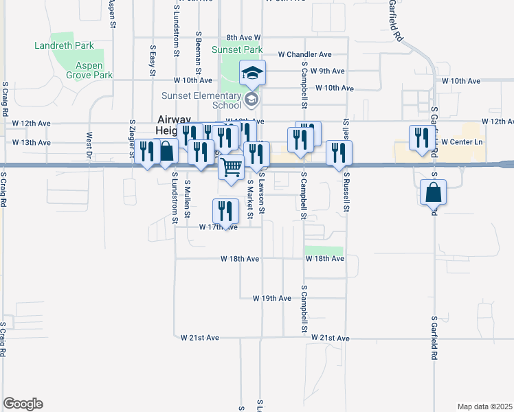 map of restaurants, bars, coffee shops, grocery stores, and more near 1522 South Lawson Street in Airway Heights