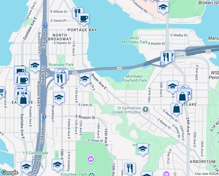 map of restaurants, bars, coffee shops, grocery stores, and more near 2400 Boyer Avenue East in Seattle