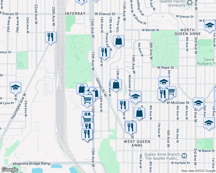 map of restaurants, bars, coffee shops, grocery stores, and more near 2516 14th Avenue West in Seattle