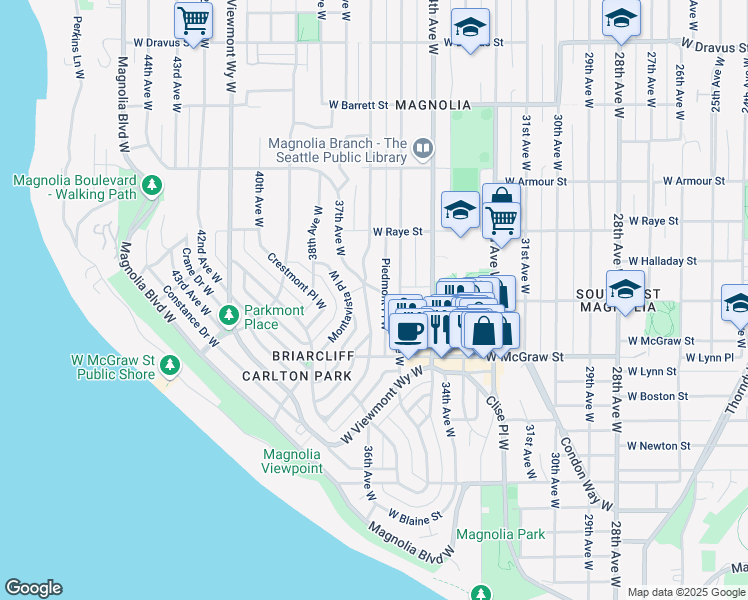map of restaurants, bars, coffee shops, grocery stores, and more near 3554 West Smith Street in Seattle