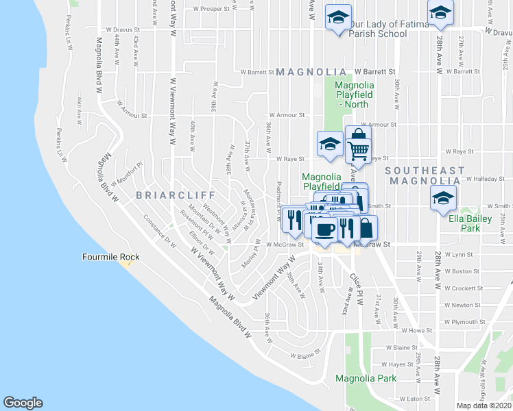 map of restaurants, bars, coffee shops, grocery stores, and more near 2500 Montavista Place West in Seattle