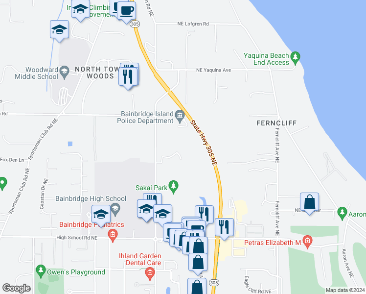 map of restaurants, bars, coffee shops, grocery stores, and more near 1846 Sakai Village Loop in Bainbridge Island