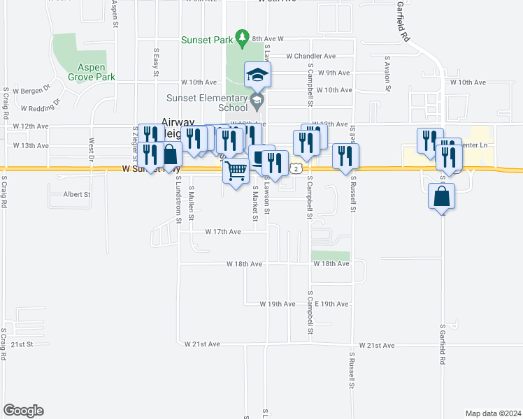 map of restaurants, bars, coffee shops, grocery stores, and more near 1522 South Lawson Street in Airway Heights