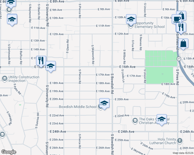 map of restaurants, bars, coffee shops, grocery stores, and more near 11300 East 17th Avenue in Spokane Valley