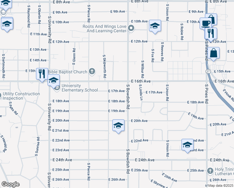 map of restaurants, bars, coffee shops, grocery stores, and more near 11406 East 17th Avenue in Spokane Valley