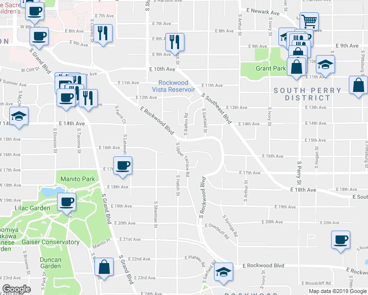 map of restaurants, bars, coffee shops, grocery stores, and more near 716 East Rockwood Boulevard in Spokane