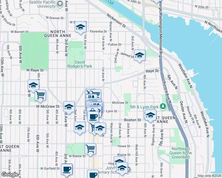 map of restaurants, bars, coffee shops, grocery stores, and more near 149 Smith Street in Seattle