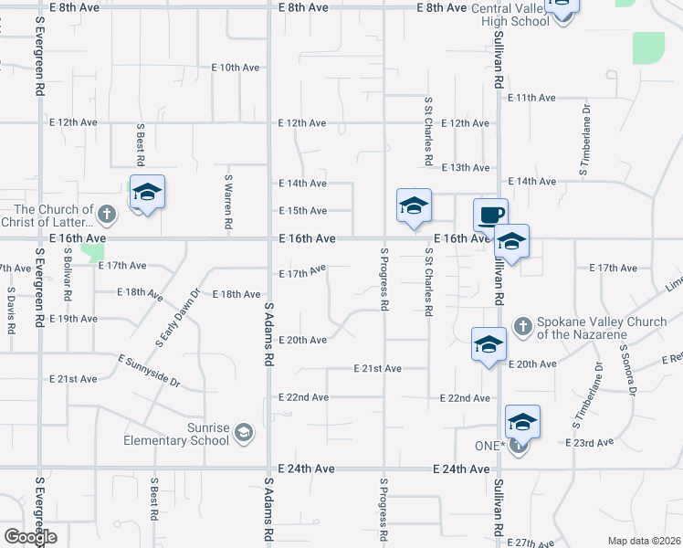 map of restaurants, bars, coffee shops, grocery stores, and more near 14912 East 17th Court in Spokane Valley
