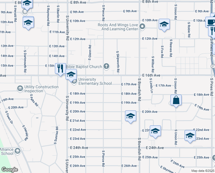 map of restaurants, bars, coffee shops, grocery stores, and more near 11112 East 17th Avenue in Spokane Valley