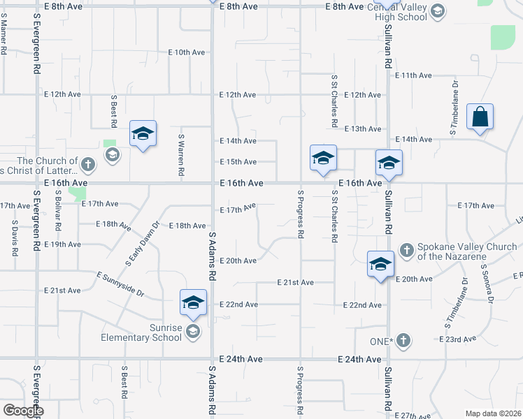 map of restaurants, bars, coffee shops, grocery stores, and more near 14912 East 17th Court in Spokane Valley
