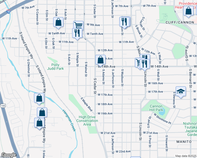 map of restaurants, bars, coffee shops, grocery stores, and more near 1317 West 15th Avenue in Spokane