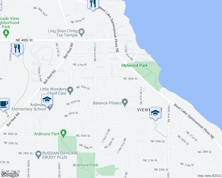 map of restaurants, bars, coffee shops, grocery stores, and more near 3522 173rd Court Northeast in Redmond