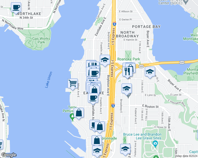 map of restaurants, bars, coffee shops, grocery stores, and more near 2359 Franklin Avenue East in Seattle