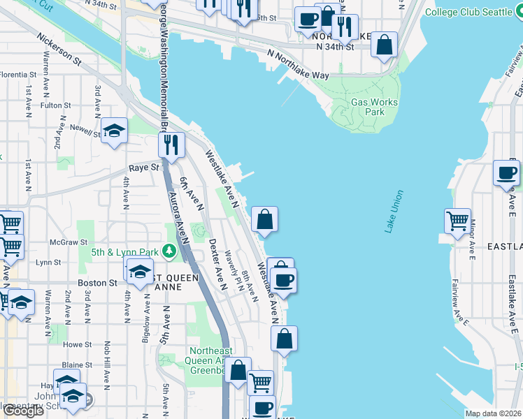 map of restaurants, bars, coffee shops, grocery stores, and more near 2466 Westlake Avenue North in Seattle