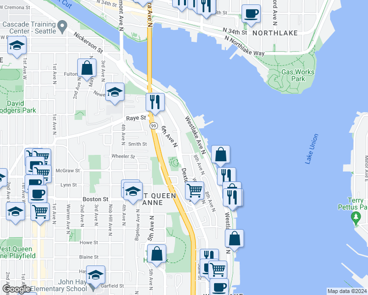 map of restaurants, bars, coffee shops, grocery stores, and more near 2462 Dexter Avenue North in Seattle