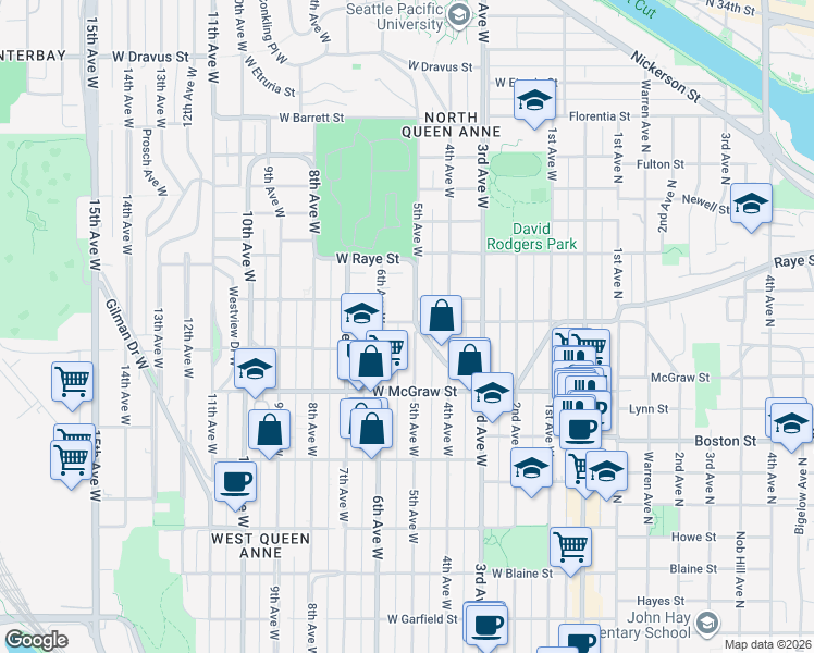 map of restaurants, bars, coffee shops, grocery stores, and more near 504 West Smith Street in Seattle