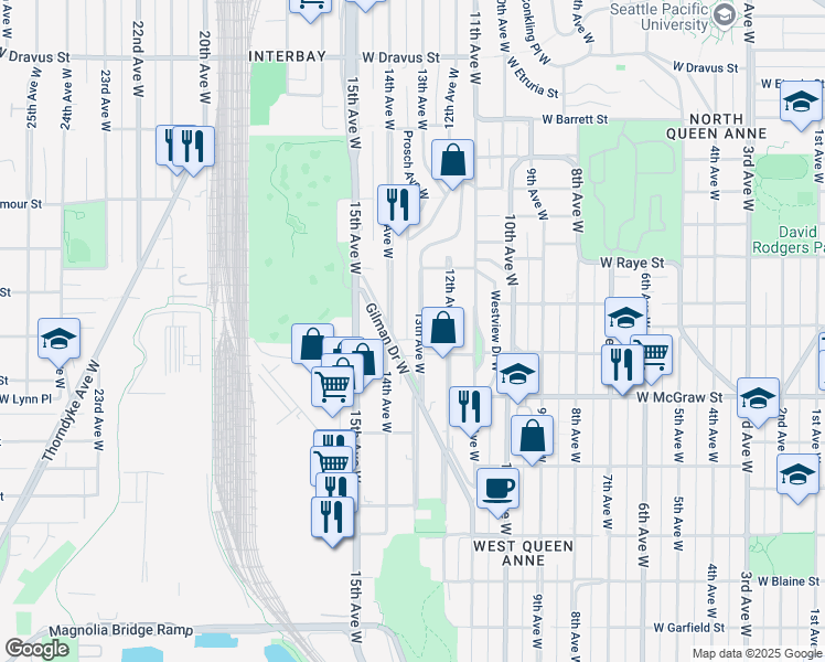 map of restaurants, bars, coffee shops, grocery stores, and more near 2516 14th Avenue West in Seattle