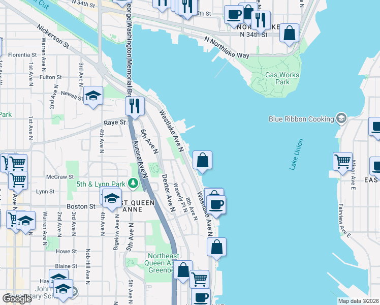 map of restaurants, bars, coffee shops, grocery stores, and more near 2466 Westlake Avenue North in Seattle