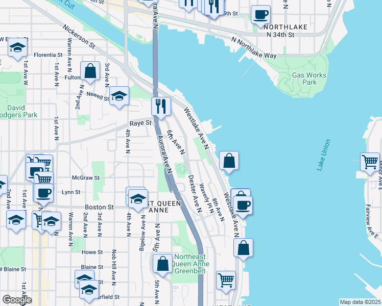 map of restaurants, bars, coffee shops, grocery stores, and more near 2462 Dexter Avenue North in Seattle