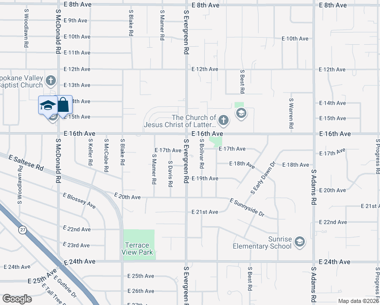 map of restaurants, bars, coffee shops, grocery stores, and more near 1703 South Evergreen Road in Spokane Valley