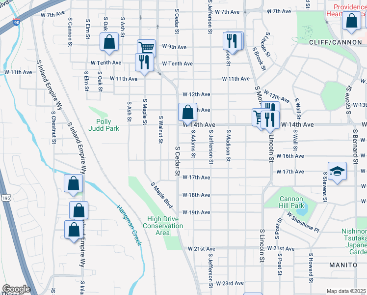 map of restaurants, bars, coffee shops, grocery stores, and more near 1317 West 15th Avenue in Spokane